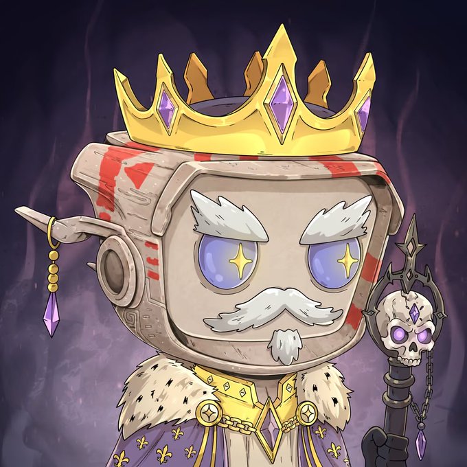 An illustration of a king-like robot character with a golden crown adorned with purple gems, white eyebrows and mustache, holding a staff topped with a purple-eyed skull.