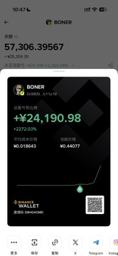 A mobile phone screenshot of the BONER crypto tracker app showing a price of 57,306.39567 USD, up +25,329.35 (+79.27%), including a shareable card with a chart.