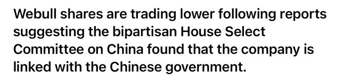 A news headline reads: "Webull shares are trading lower following reports suggesting the bipartisan House Select Committee on China found that the company is linked with the Chinese government." The headline directly relates to the accompanying post about $BULL dropping 25%, explaining the sharp decline as Webull faces scrutiny over alleged ties to the Chinese government from the House Select Committee on China.