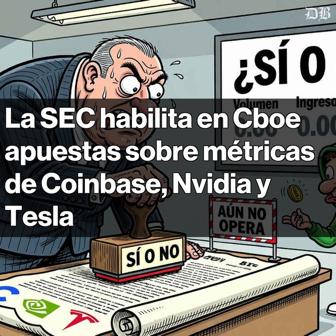 Cartoon illustration showing a stern-looking man stamping "SÍ O NO" on documents, with a headline reading "La SEC habilita en Cboe apuestas sobre métricas de Coinbase, Nvidia y Tesla" and logos of Coinbase and Tesla visible.