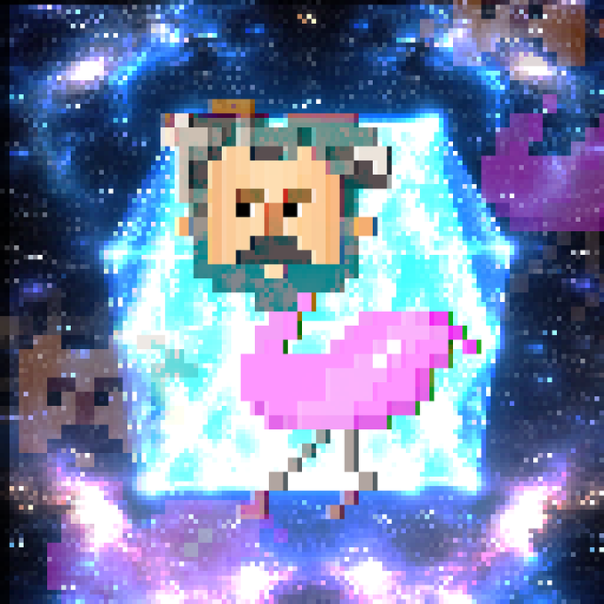 Pixelated AI-generated artwork showing a bearded character with a teal hat and pink outfit floating against a glowing cosmic background of deep space, stars, and purple planetary bodies.