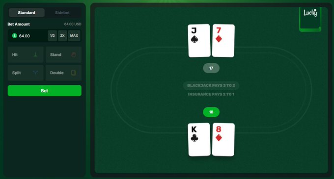 A screenshot of an online blackjack game shows a winning hand with the dealer at 17 and the player at 18, played on the Lucky Fun platform. The interface displays a $64 bet with options like Hit, Stand, Split, Double, and a winning "Bet Amount" of $64.00 USD, matching the post's reference to playing a hand of blackjack on Lucky.

Side note: Based on the @ handle in the post, the platform name in the watermark appears to be "Luca" or "Lucky" (cut off in the image) — not "Lucky Fun" — so the exact brand name isn't fully visible from this screenshot.