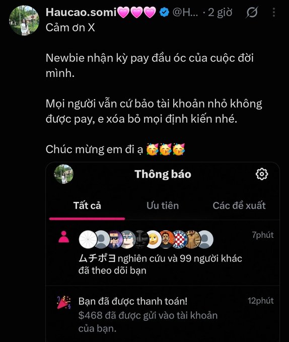 A screenshot of a tweet in Vietnamese from Haucao.somii thanking followers and sharing notification screenshots showing $468 paid and 99+ new followers.