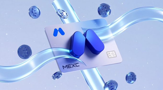 A promotional graphic for the MEXC crypto exchange card, featuring blue "M" logos, floating dollar coins, and the text "MEXC" on a light purple card.