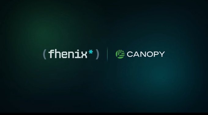 The image displays the logos of "fhenix*" and "CANOPY" (CNPYNetwork) side by side against a dark background, representing a partnership between the two companies to address privacy challenges in onchain development by providing builders with tools that protect sensitive user data without requiring complex cryptographic implementations.