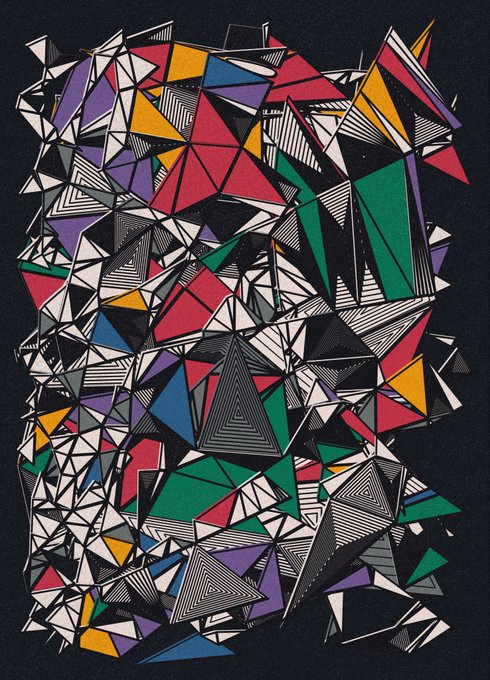 An abstract geometric artwork features a chaotic arrangement of colorful triangles in shades of red, green, yellow, blue, and purple against a black background.
