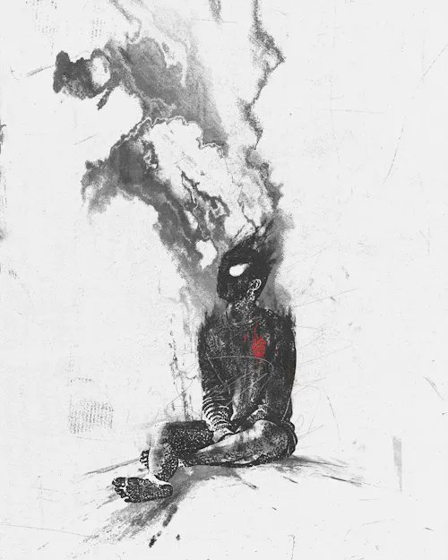 A black-and-white illustration of a small, masked figure sitting cross-legged on the ground, with a single red mark on its chest and dark smoke billowing above its head.