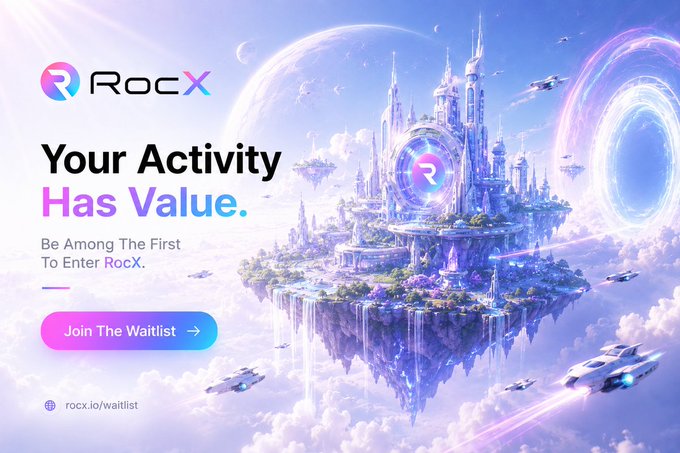 A promotional banner for "RocX" featuring a fantastical floating castle and futuristic spacecraft with the tagline "Your Activity Has Value" and a "Join The Waitlist" button, directing users to rocx.io/waitlist—visually supporting a $50 USDT giveaway aimed at growing RocX's social media following and email waitlist.
