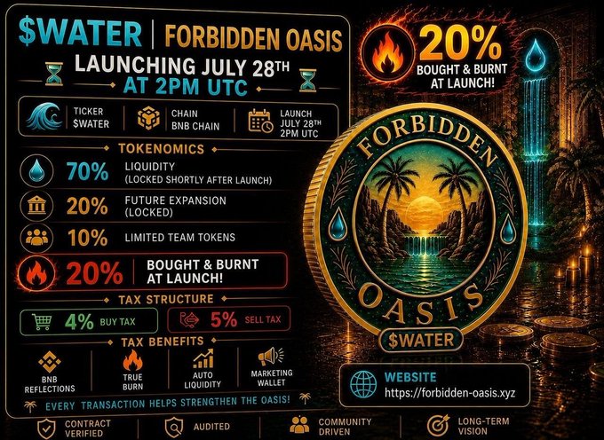 Promotional graphic for the $WATER "Forbidden Oasis" token launching July 28th at 2PM UTC on BNB Chain, detailing its tokenomics (70% liquidity, 20% future expansion, 10% team, 20% bought and burnt at launch), 4% buy/5% sell tax structure, and tax benefits including BNB reflections, true burn, auto liquidity, and a marketing wallet, alongside a gold oasis coin emblem and the website https://forbidden-oasis.xyz.

The image directly supports the post's messaging about "Forbidden Oasis" building a lasting destination rather than chasing hype, with the central coin design visually embodying the "oasis" theme and the launch details (July 28, 2 PM UTC) and Telegram link matching the call-to-action in the caption.