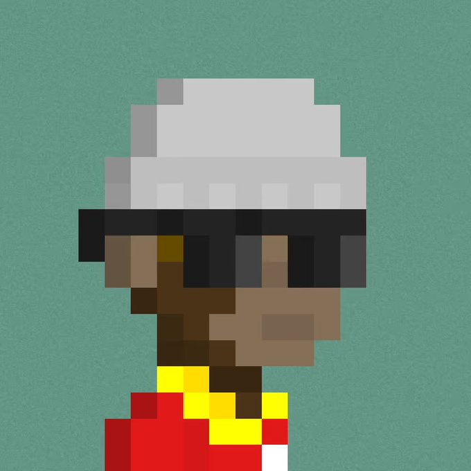 A pixelated portrait depicts a dark-skinned figure wearing a tall white chef's hat and a red and yellow outfit against a solid green background.
