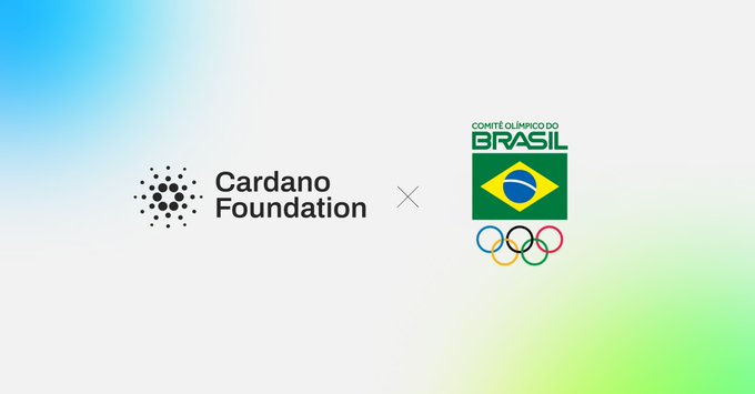 The image features a white background with two logos, one representing Cardano Foundation and the other representing Brazil's Olympic Committee. The Cardano Foundation logo has a black dot surrounded by blue lines, while the Brazilian Olympic Committee logo displays a green circle with a yellow line through it. Both logos are positioned on the same white background, creating a visually striking contrast between the two organizations.