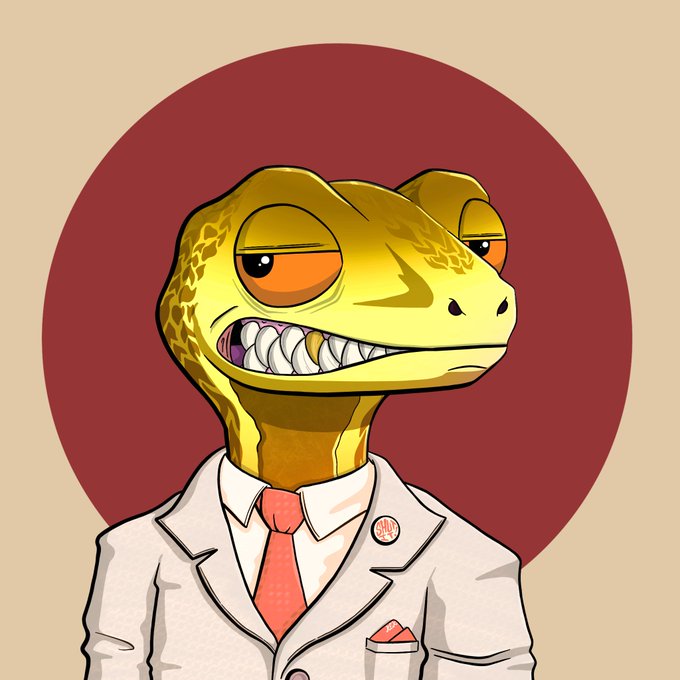 A cartoon image of a dinosaur or reptile head with a tired expression wearing a white business suit jacket, orange tie, and a 'V-GIRL' pin.