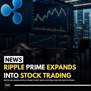 A dark, financial-themed graphic displays multiple stock market charts with candlesticks and line graphs on monitors, overlaid with the Ripple logo and a bold headline reading "RIPPLE PRIME EXPANDS INTO STOCK TRADING," alongside a subhead noting "DELTA ONE MARKS RIPPLE PRIME'S FIRST MOVE INTO EQUITIES FOR INSTITUTIONS." The image visually reinforces the announcement of Ripple Prime's new Delta One service launching its institutional equities trading division.