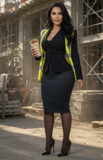 A glamorous woman in a black skirt suit with a high-visibility yellow safety vest holds a wrap sandwich while posing at a construction site.