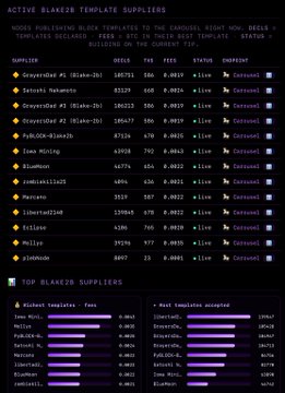 A dark-themed 'ACTIVE BLAZE3 TEMPLATE SUPPLIERS' dashboard displaying rows of suppliers (such as 'ksguproN0U #1', 'ZelondT', and 'Blaze Mining') with columns for MEAN, FEE, FEES, STATUS, and CHANNEL, all marked 'Live' and 'Included'.