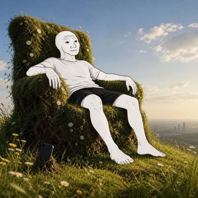 A Wojak meme character lounges in a grassy armchair on a hillside overlooking a city, embodying the "comfy Wojak" vibe celebrated by the $WOJAK memecoin on Ethereum, with a discarded phone nearby suggesting the holder is fully relaxed and unbothered.