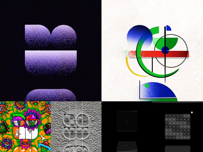 A collage of four design/artworks featuring a purple 3D textured logo, abstract geometric shapes on white, a colorful psychedelic character on orange, and grayscale bubble patterns.