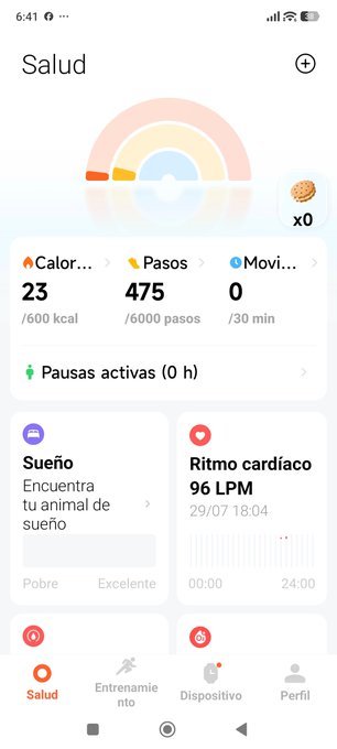 A smartphone screenshot of a health app in Spanish titled 'Salud' showing 23 calories, 475 steps, 0 movement, sleep data, and a resting heart rate of 96 LPM.