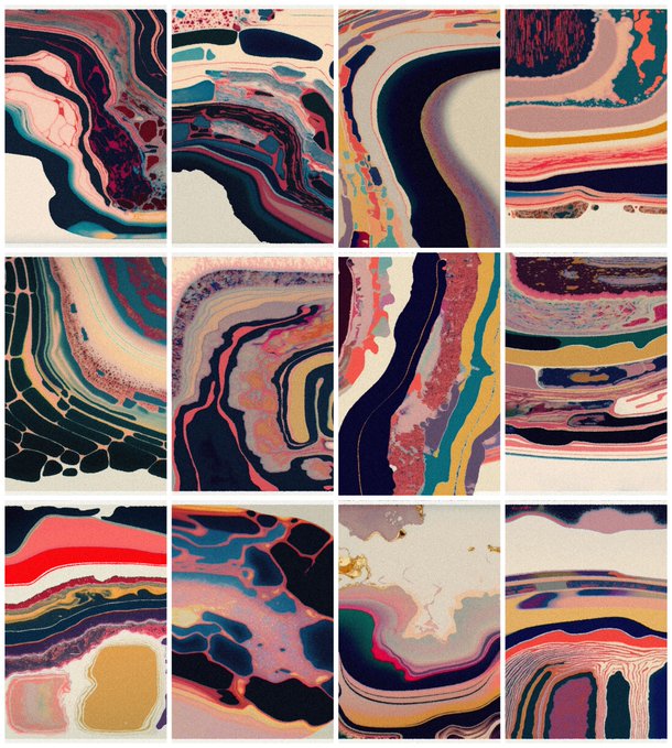 Grid of twelve abstract marbled art pieces featuring flowing patterns in pink, teal, navy, cream, and yellow tones.