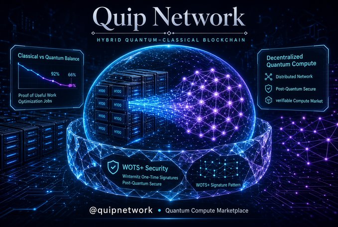 Promotional graphic for 'Quip Network' describing a 'Hybrid Quantum-Classical Blockchain' featuring servers, a globe, and features including 'WOT-5+ Security' and 'Decentralized Quantum Compute'.