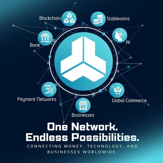 Promotional graphic for a cryptocurrency/business network showing a central icon surrounded by connected nodes labeled 'Blockchain', 'Stablecoins', 'AI', 'Global Commerce', 'Businesses', 'Payment Networks', and 'Bank', with the text 'One Network. Endless Possibilities.'