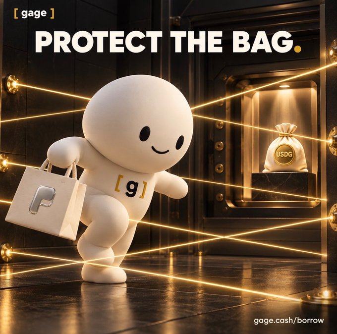 A 3D rendered advertisement features a small, round white character running through a laser grid while carrying a shopping bag. Text reads '[ gage ]', 'PROTECT THE BAG.', and 'gage.cash/borrow'.