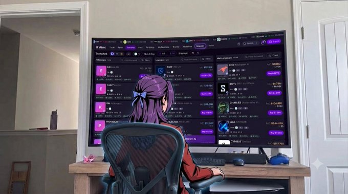 A person with long dark hair sits at a desk in front of a large monitor displaying a crypto token swap interface featuring tokens labeled "LUNA," "CARV," "S," "PUFFER," and "AZUR" with various price tickers, suggesting active engagement with a blockchain trading platform. The setup visually reinforces the post's mention of a $1 million reward pool campaign, showcasing the type of crypto DeFi activity the promotion targets.