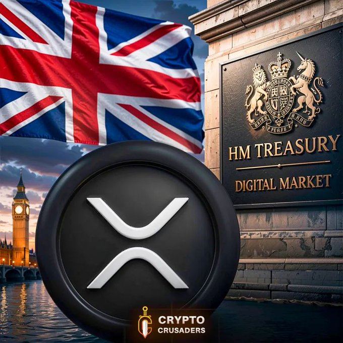 The image depicts the Union Jack flag, Big Ben at dusk, a plaque reading "HM TREASURY DIGITAL MARKET," and a large XRP logo, with a "Crypto Crusaders" watermark. It visually reinforces the post's announcement that Ripple has joined the UK HM Treasury Wholesale Digital Markets Taskforce, positioning XRP as a key player in shaping the UK's tokenized financial future.