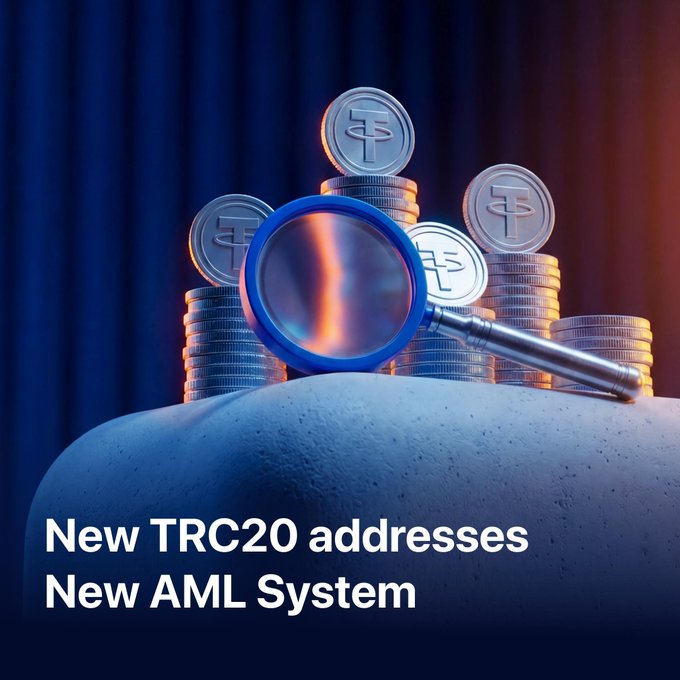 Promotional graphic with stacked USDT coins and a magnifying glass, with text reading 'New TRC20 addresses' and 'New AML System'.