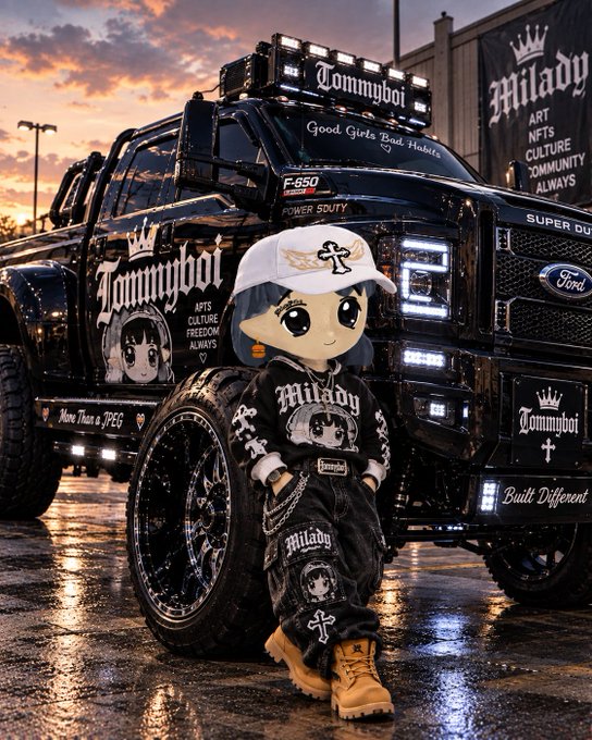 A chibi-style character wearing a white cap and black 'Milady' streetwear poses in front of a black Ford F-550 Power Duty truck branded with 'Tommyboi', 'Milady', 'ARTS CULTURE FREEDOM ALWAYS', 'Good Girls Bad Habits', and 'Built Different'.