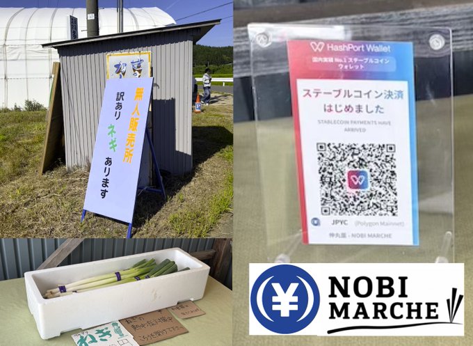 A collage showing an unmanned green onion stand with a sign reading "無人販売所 訳ありネギあります" (Unmanned sales stand, irregular green onions available), alongside a QR code for JPYC stablecoin payments via HashPort Wallet on the "NOBI MARCHE" platform—visually confirming this as Tohoku's first JPYC-accepting vendor, a humble agricultural self-service stall.