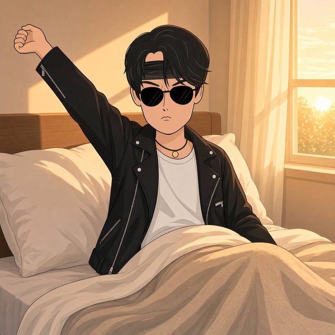 An anime-style illustration depicts a young man with dark hair, wearing sunglasses and a black jacket over a white shirt, sitting up in bed and stretching his arm with the sunrise visible through a window behind him.