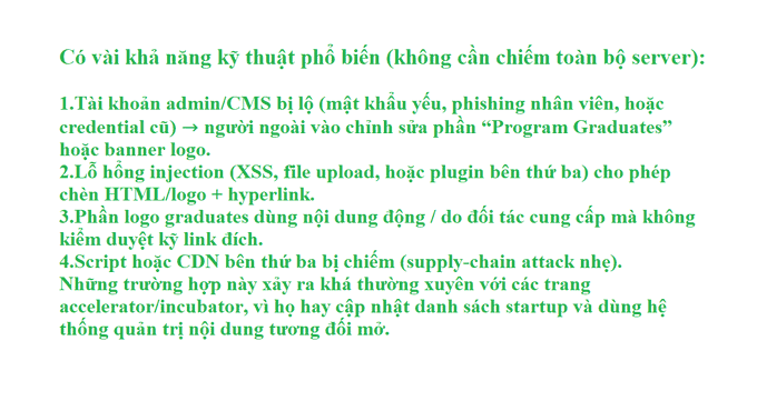 The image displays Vietnamese text listing four common technical vulnerabilities (compromised admin/CMS accounts, injection flaws, logo copyright misuse, and third-party supply-chain attacks) that could explain logo tampering on accelerator/incubator websites without requiring a full server breach.

The caption contextualizes these technical exploit vectors as a response to the post's criticism, suggesting that the logo "sabotage" being discussed likely stems from one of these common web vulnerabilities rather than any malicious action by Sidra Bank.