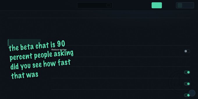 A dark-themed app interface showing a settings toggle for 'Reduce motion' with overlaid green text reading 'the beta chat is 90 percent people asking did you see how fast that was'.