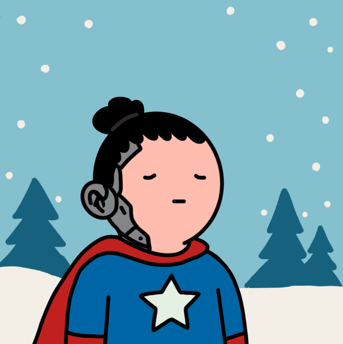 A cartoon illustration shows a person with black hair in a bun, wearing a blue shirt with a white star and a red cape, with a metallic plate on the side of their head, standing in a snowy landscape.