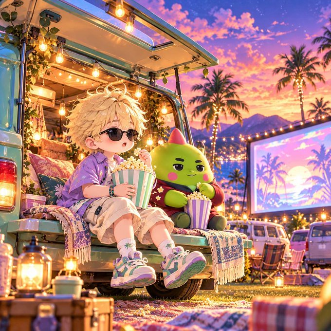 An anime-style illustration of a blonde boy in sunglasses and a green creature sharing popcorn in the back of a van at sunset.