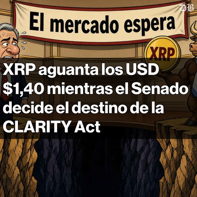 Cartoon illustration with text: "XRP aguanta los USD $1,40 mientras el Senado decide el destino de la CLARITY Act," featuring a nervous official and a bull holding an XRP coin.