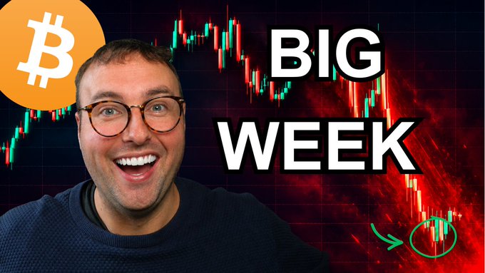 A smiling man with glasses appears in a YouTube-style thumbnail with a Bitcoin logo, stock chart, and large text reading 'BIG WEEK'.