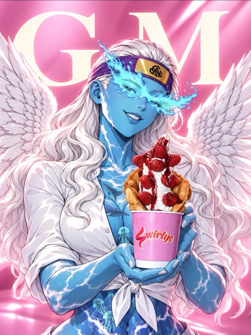 An anime-style digital illustration shows a blue-skinned angelic figure with white wings crying from one eye while holding a Swirlyo cup filled with a waffle and strawberries topped with raspberries.
