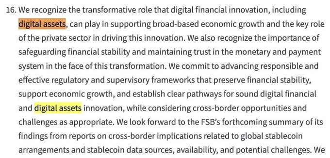 The image shows paragraph 16 of a G20 statement with the phrases "digital assets" highlighted in orange, where Finance Ministers recognize that digital financial innovation can support broad-based economic growth and commit to clear regulatory pathways for sound digital asset innovation. This visually anchors the breaking news announcement that the G20 has officially acknowledged digital assets' potential role in driving economic growth.