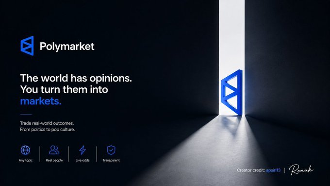 A dark Polymarket promotional graphic shows the headline, “The world has opinions. You turn them into markets.” and a blue logo projected through a vertical beam of light. Along the bottom it lists “Any topic,” “Real people,” “Live odds,” and “Transparent,” with “Creator credit: apeit13” and a signature visible—reinforcing the post’s view that Polymarket data can support market comparison and event analysis beyond trading.