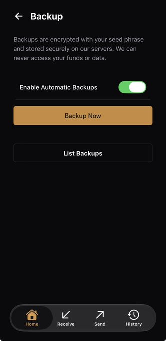 A mobile app screenshot showing the "Backup" settings page, which displays "Backups are encrypted with your seed phrase and stored securely on our servers," along with an "Enable Automatic Backups" toggle and "Backup Now" and "List Backups" buttons. The image visually supports the post by illustrating the Noah wallet's automatic encrypted backup feature for VTXO/Bitcoin payments.