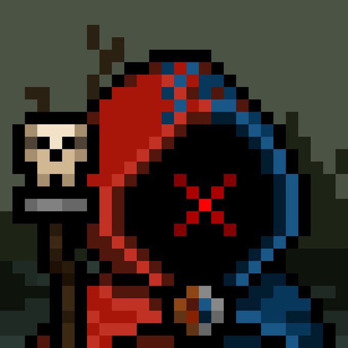 A pixel art image depicts a stylized figure wearing a hooded red and blue garment, holding a wooden staff with a skull attached.