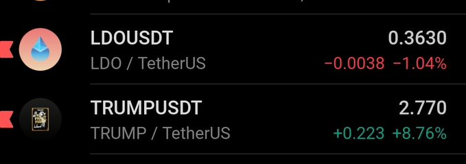 A cryptocurrency price display showing LDOUSDT at 0.3630 (-1.04%) and TRUMPUSDT at 2.770 (+8.76%) trading pairs.