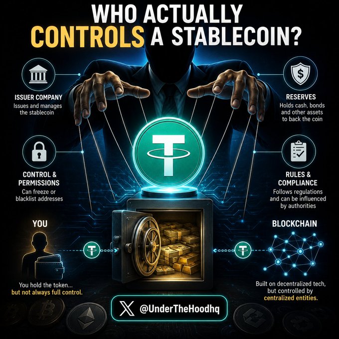 An infographic titled 'WHO ACTUALLY CONTROLS A STABLECOIN?' depicting a Tether (USDT) token as a puppet controlled by an issuer, with sections on Reserves, Rules & Compliance, and Blockchain, credited to '@UnderTheHoodhq'.