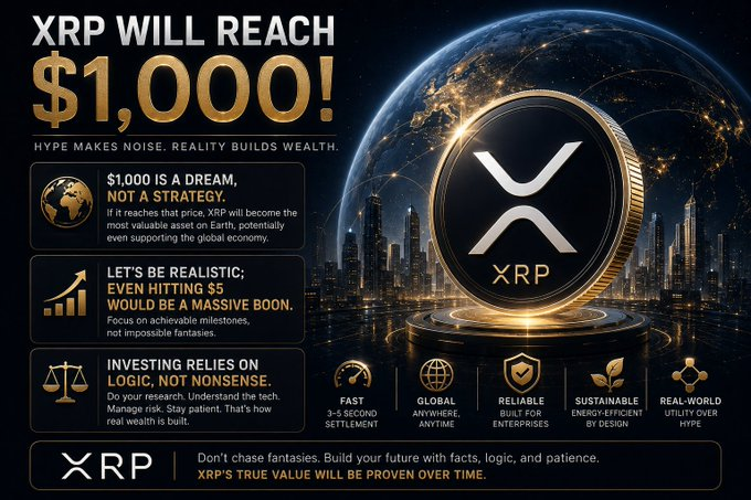 The image features a promotional poster for XRP (bitcoin-based token) that reads "XRP will reach $1,000!". The poster includes an illustration of Bitcoin and the price tag of $1,000. At the bottom of the poster, there are details about how to invest in this asset, providing information about its potential value and how it can be a real solution for investing. The text emphasizes that XRP will reach the desired level and becomes the most valuable asset on Earth if it hits $5.
