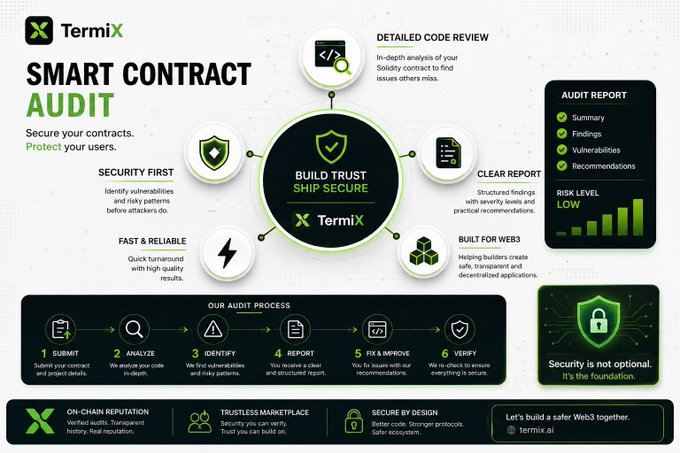 A promotional infographic for 'TermiX Smart Contract Audit' outlines their 6-step audit process and security features.