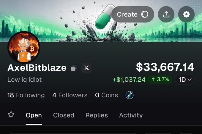 A cryptocurrency/stock app profile screen displays the username 'AxelBitblaze' with the bio 'Low iq idiot', showing a balance of '$33,667.14' (+$1,037.24 / 3.7%) against a green and black graphic background.