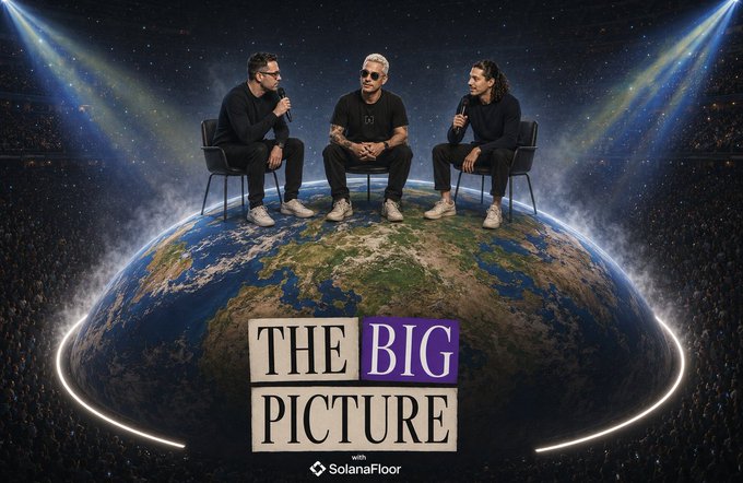 The image features three men sitting around a globe, with the words "The Big Picture" written above them. The backdrop of the scene includes a stadium filled with people watching a game or event. The caption for the image reads: "lemme tell you what the picture for Solana is tomorrow on @SolanaFloor promise i wont just yell STOCKS ON SOLANA for 1h".
