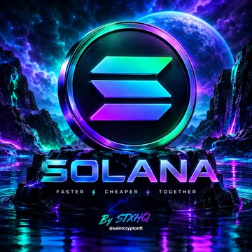 A stylized digital artwork of the Solana cryptocurrency logo with the text 'SOLANA FASTER CHEAPER TOGETHER' against a cosmic purple background.